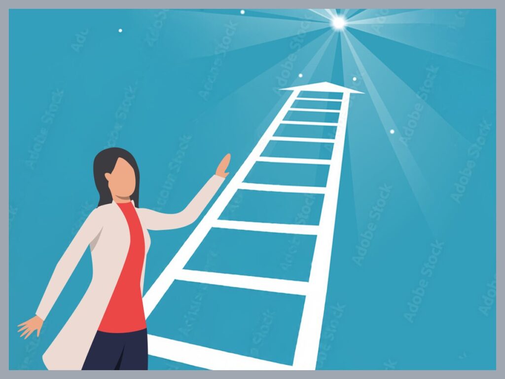 An illustration of a woman looking at a ladder styalised as an arrow leading to a bright light